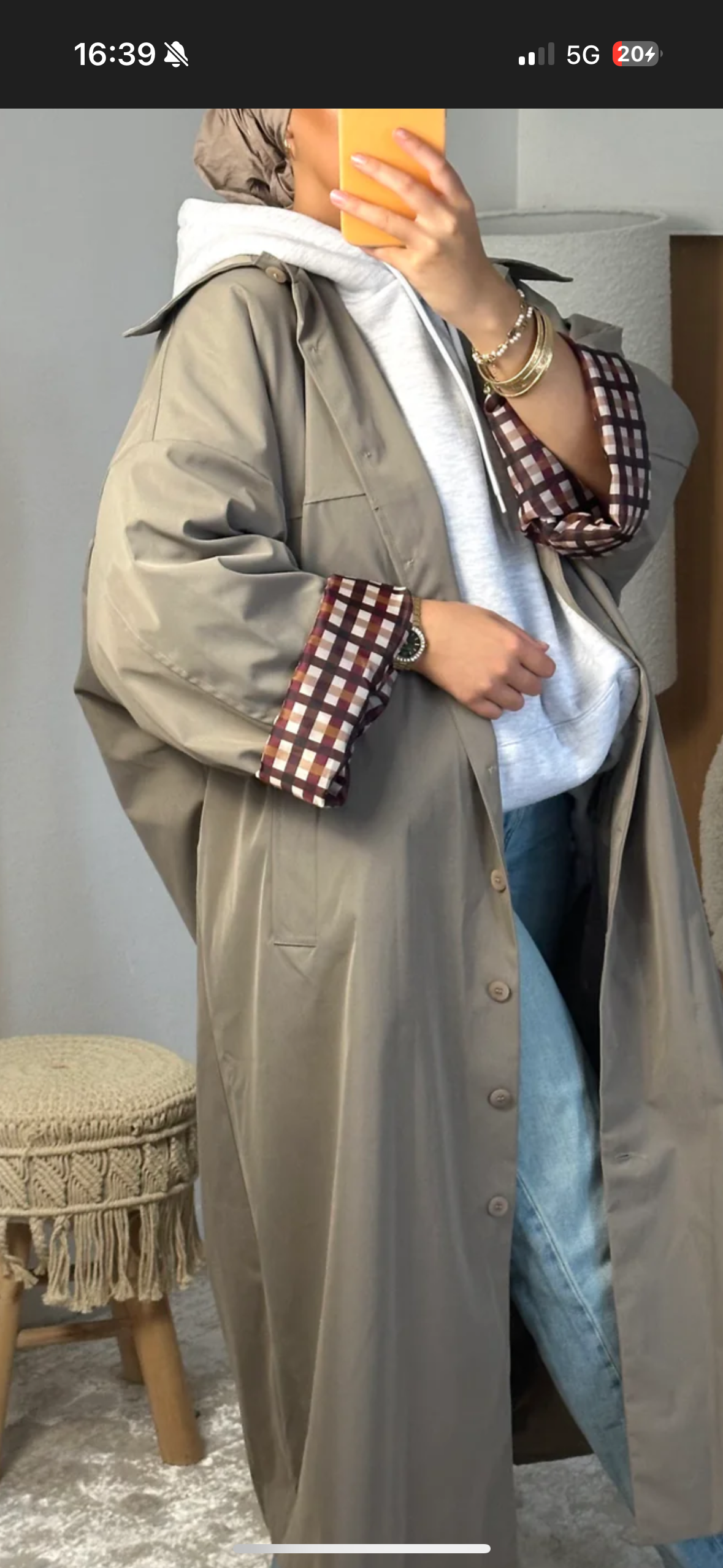 Trench long manches à carreaux