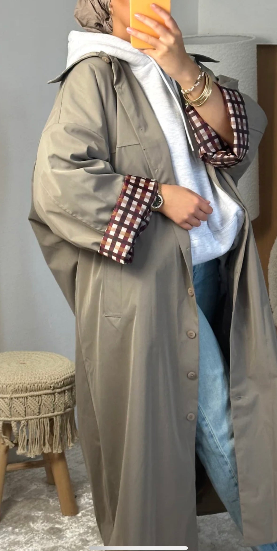 Trench long manches à carreaux